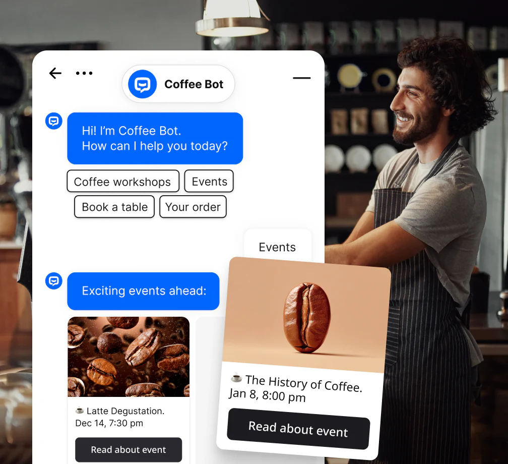 Eine Person serviert Kaffee in einem Café, während im Hintergrund ein Chatbot arbeitet und dem Kunden Informationen über bevorstehende Veranstaltungen sendet.